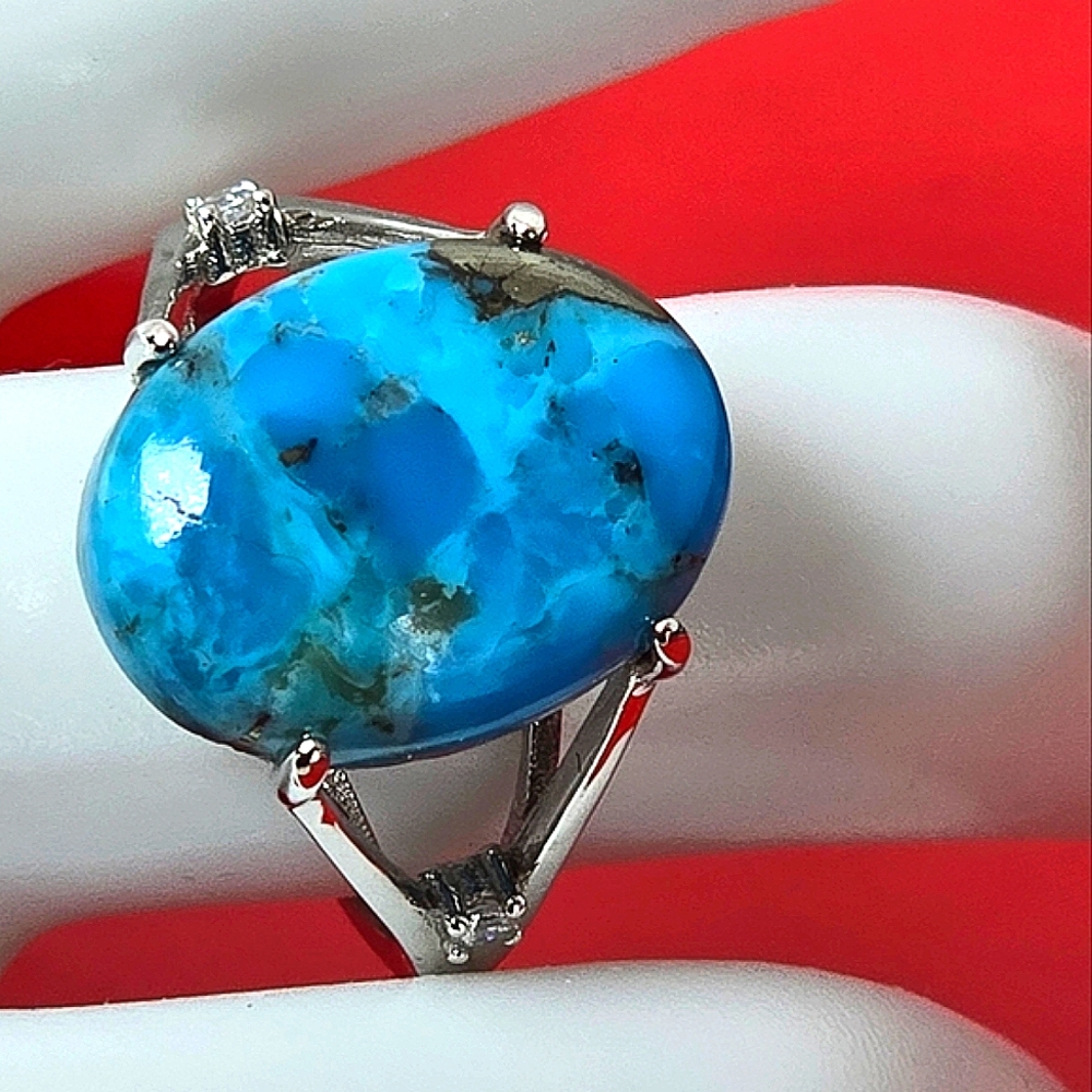 925 Sterling Silver Ring SZ 6.75 with Natural 12x15mm Turquoise Gemstone & CZ
